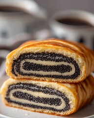 Kawałki tradycyjnego makowca drożdżowego z grubą warstwą maku.