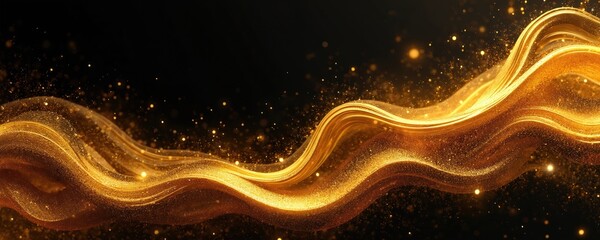 Fototapeta premium Abstract golden wave pattern with sparkling dust particles on black background. Elegant liquid texture for luxurious design elements like banners and beauty product ads.