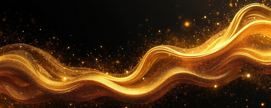 Abstract golden wave pattern with sparkling dust particles on black background. Elegant liquid texture for luxurious design elements like banners and beauty product ads.