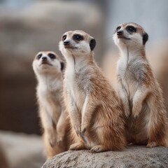 Fototapeta premium Three baby meerkats standing on a rock