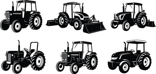 Tractor silhouette icon set with agricultural machinery and farming vehicles in black and white vector illustration isolated on white © Santo's World