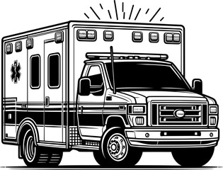 Clean thin outline black and white ambulance silhouette, minimal medical vehicle vector, isolated.