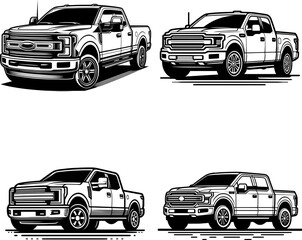 Obraz premium Clean thin outline black and white pickup truck silhouette, minimal modern vector, isolated on white.