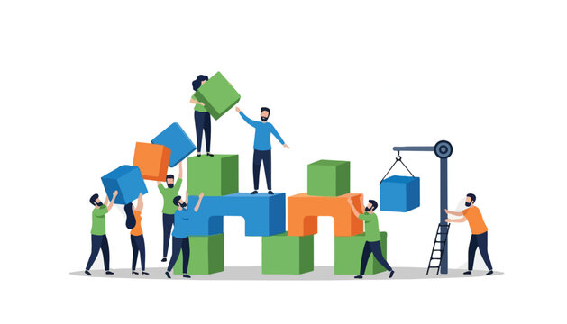 A group of diverse people collaborating to build a complex structure using colorful building blocks, symbolizing teamwork and construction.