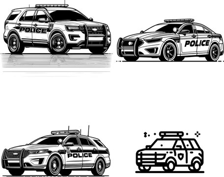 Clean thin outline black and white police car silhouette, minimal law enforcement vector icon.