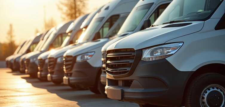 New passenger vans parked in a line. Commercial vehicles ready for rent or sale. Modern transport fleet under sunlight. Business industry transportation.