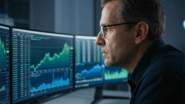Focused analyst studying market trends and decoding complex data for business insights and investment decisions