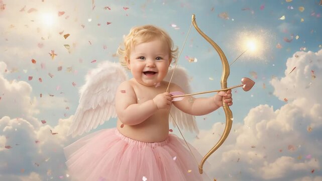 Joyful baby angel with fluffy wings and heart bow spreading love and happiness in magical scene