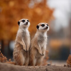 Two baby meerkats standing next to each other in a field