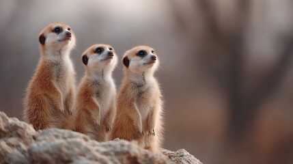 Fototapeta premium Three baby meerkats standing on a rock