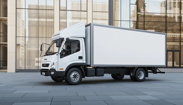 White delivery box truck with blank cargo container mockup, parked in front of modern commercial building with floor-to-ceiling glass windows, gray concrete tile pavement