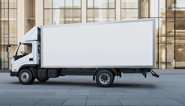White delivery box truck with blank cargo container mockup, parked in front of modern commercial building with floor-to-ceiling glass windows, gray concrete tile pavement