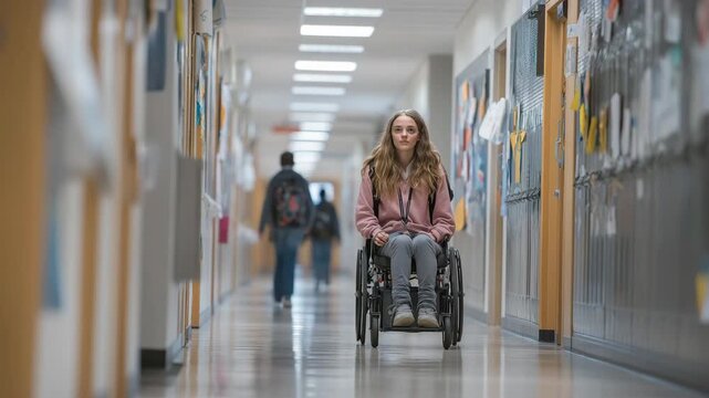 A girl in a wheelchair and teenagers in the school corridor.
