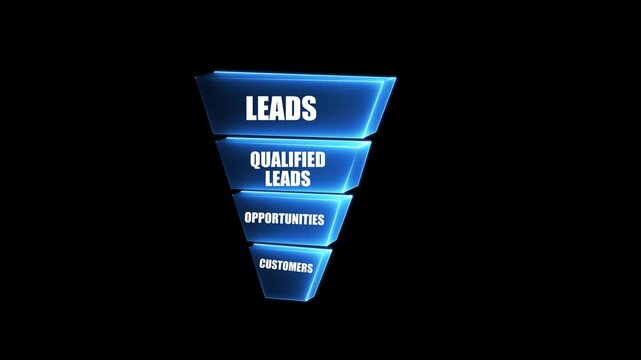 Sales funnel stages animation showing leads conversion process with glowing neon layers, marketing pipeline visualization and business growth concept on dark background