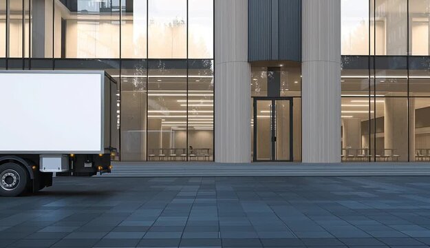 White delivery box truck with blank cargo container mockup, parked in front of modern commercial building with floor-to-ceiling glass windows, gray concrete tile pavement