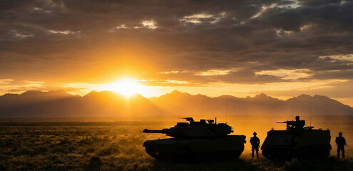 Generated ai Panoramic cinematic silhouette of a main battle tank, armored patrol vehicle, and infantry soldiers on a tactical mission in a misty field against a dramatic mountain sunset background.
