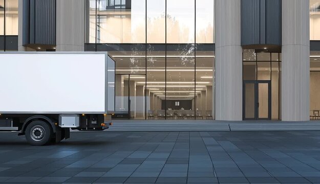 White delivery box truck with blank cargo container mockup, parked in front of modern commercial building with floor-to-ceiling glass windows, gray concrete tile pavement