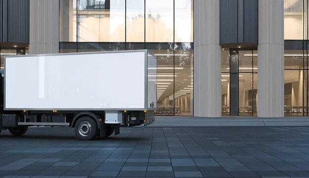 White delivery box truck with blank cargo container mockup, parked in front of modern commercial building with floor-to-ceiling glass windows, gray concrete tile pavement
