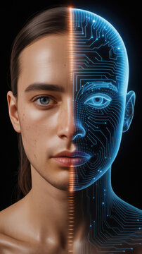 Split Face: Human Half Contrasts with Digital Circuitry Half