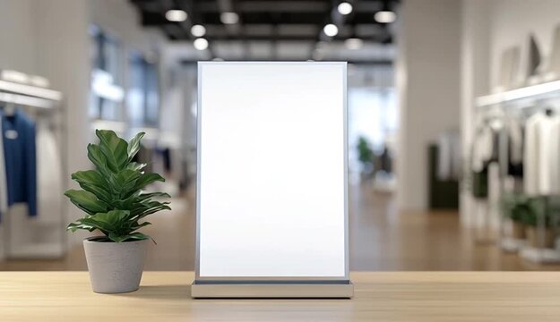 Blank white vertical digital signage display stand with silver metal frame on wooden table surface, small potted green plant beside display, modern retail clothing store background with racks of clo