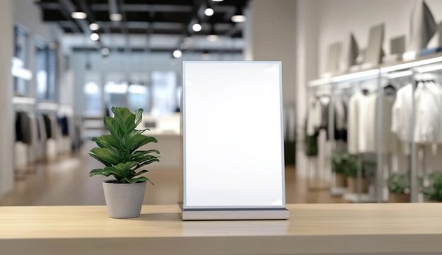 Blank white vertical digital signage display stand with silver metal frame on wooden table surface, small potted green plant beside display, modern retail clothing store background with racks of clo