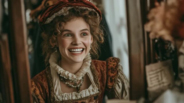 A young Caucasian woman dressed in a Renaissance costume glances at the mirror with a startled face. Beauty's emotional response to fashion and historical concepts