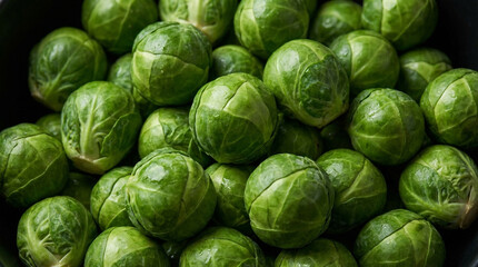 Fototapeta premium Close-up overhead view of a pile of fresh, vibrant green Brussels sprouts vegetables produce