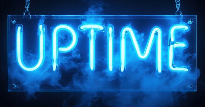 Bright blue neon sign spells UPTIME. Smoke surrounds glowing text, suspended by chains. Dark background enhances vibrant illumination.