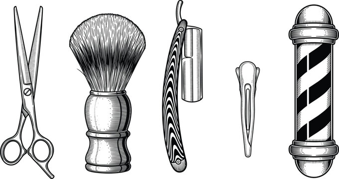 Vintage Barbershop Tools Engraving Style Illustration with Scissors Brush Razor and Pole for Classic Salon Design