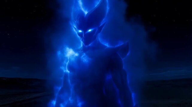 Mystical blue smoke transforming into a glowing Djinn figure in a dark desert night landscape