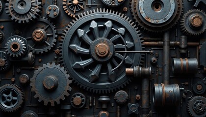 Intricate metal gears and pipes form dark industrial backdrop. This complex machinery suggests power, engineering, and mechanical systems. It implies motion and precise function in robust environment.