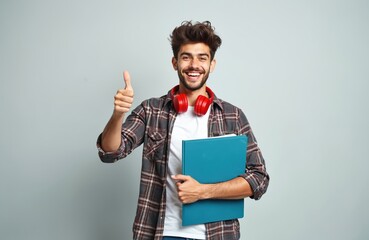 Smiling young man holds blue folder with textbooks showing thumbs up. He wears red headphones and plaid shirt. Student ready for school, approves of subject.