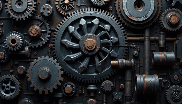 Intricate metal gears and pipes form dark industrial backdrop. This complex machinery suggests power, engineering, and mechanical systems. It implies motion and precise function in robust environment.