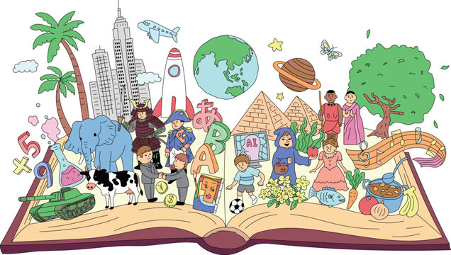 本から広がる世界と学びを表現した教育イラスト