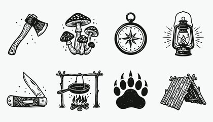 Vintage Outdoor Adventure Icons Set - Hand Drawn Camping and Survival Illustrations © 777SKYLABS