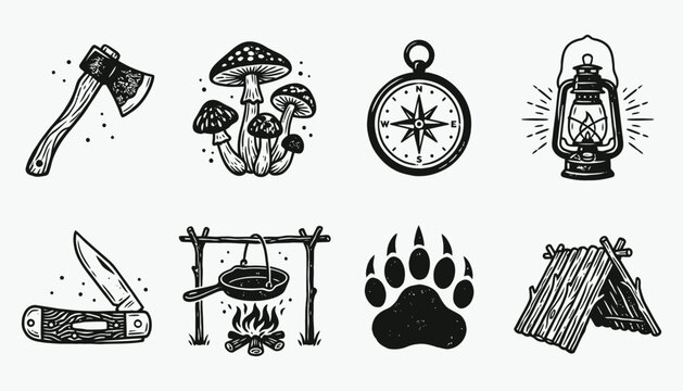 Vintage Outdoor Adventure Icons Set - Hand Drawn Camping and Survival Illustrations