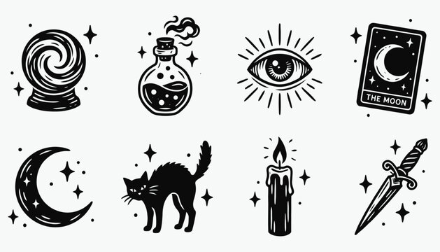 Celestial and Magic Objects: Crystal Ball, Tarot, and Black Cat Illustrations
