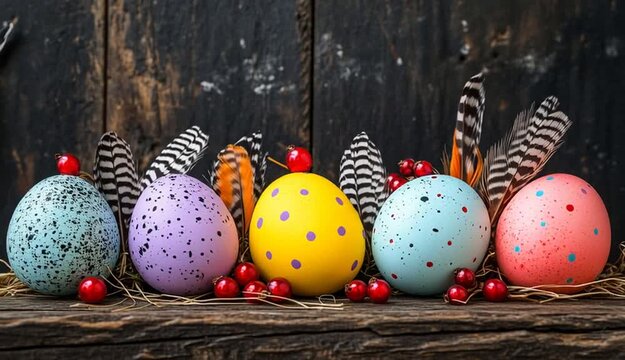 Colorful Easter eggs arranged in a row on rustic dark wooden surface, pastel eggs in yellow purple turquoise pink and white with speckled patterns, decorated with natural bird feathers
