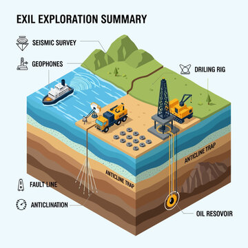 Oil and Gas Exploration Summary Isometric Illustration.