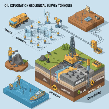 Oil Exploration Geological Survey Techniques Isometric Infographic.