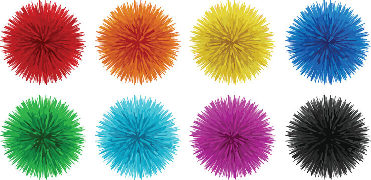 Set of colorful abstract fluffy pompom shapes vector illustration, decorative burst spheres for festive design backgrounds and decorations
