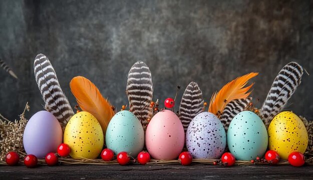 Colorful Easter eggs arranged in a row on rustic dark wooden surface, pastel eggs in yellow purple turquoise pink and white with speckled patterns, decorated with natural bird feathers
