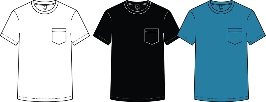 Pocket t shirt illustration set in outline black and blue styles for apparel fashion mockups and clothing designs