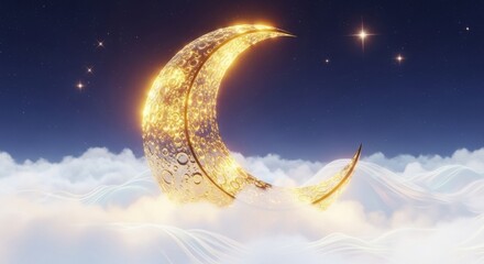 Naklejka premium 3D Golden Crescent Moon Resting on Iridescent White Clouds in Indigo Sky