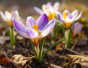Close-up of delicate purple and white striped spring flowers, with yellow centers, growing in a garden setting