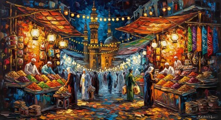 Obraz premium Impasto Oil Painting of a Bustling Street Market at Night in Ramadan