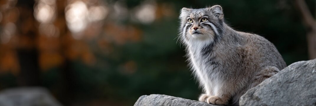 A pallas cat is sitting on a rock in a forest