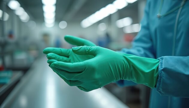 Hands in green nitrile gloves on a factory assembly line. Worker wears blue protective suit, preparing for medical production work. Cleanroom environment, healthcare safety.