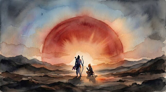 Watercolor Illustration of Lord Ram and Hanuman in Devotional Scene at Sunrise