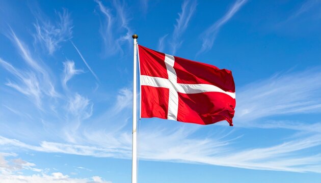 Danish national flag Dannebrog waving under bright blue sky with wispy clouds